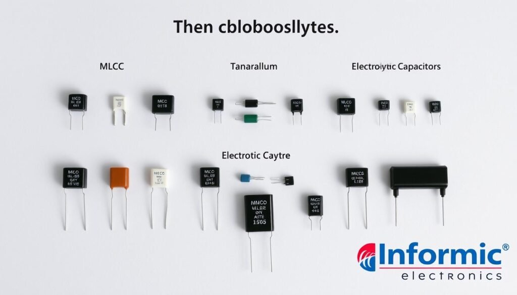 A neatly organized technical guide showcasing a selection of MLCC, tantalum, and electrolytic capacitors against a neutral, slightly textured background. The capacitors are arranged in a visually balanced grid, each type highlighted with a subtle color scheme and clear labeling. The lighting is soft and even, emphasizing the technical precision and attention to detail. The overall mood is professional and educational, inviting the viewer to explore the unique characteristics and applications of each capacitor type. In the lower right corner, the Informic Electronics brand logo is discreetly displayed.