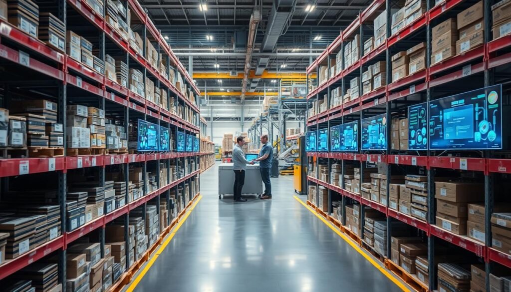 A neatly organized warehouse interior, showcasing strategic inventory management practices. In the foreground, rows of shelves stocked with a variety of electronic components, each labeled and categorized with precision. In the middle ground, a team of Informic Electronics employees meticulously monitoring inventory levels and tracking shipments on sleek, holographic display panels. The background depicts a state-of-the-art logistics hub, with automated conveyor belts and robotic systems efficiently organizing and distributing the components. Soft, diffused lighting illuminates the scene, creating a sense of order and control. The overall atmosphere conveys a well-oiled, proactive approach to supply chain management.
