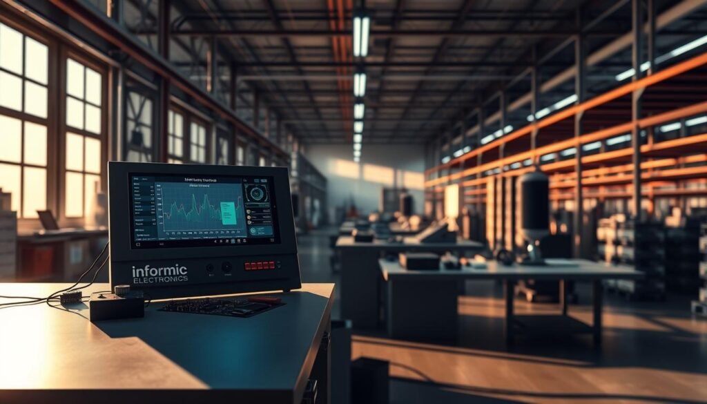 A pristine workbench in a well-lit, modern industrial space. On the surface, an array of electronic components, circuit boards, and tools arranged with precision. In the foreground, a "Informic Electronics" branded control panel, its digital display showcasing real-time data on component inventory and supply chain analytics. Shadowy silhouettes of warehouse racks and shelves fill the middle ground, hinting at the complex logistics behind strategic component management. Warm, directional lighting casts long shadows, highlighting the attention to detail and the careful orchestration required to keep production running smoothly, even as end-of-life components are phased out without disrupting the product line.