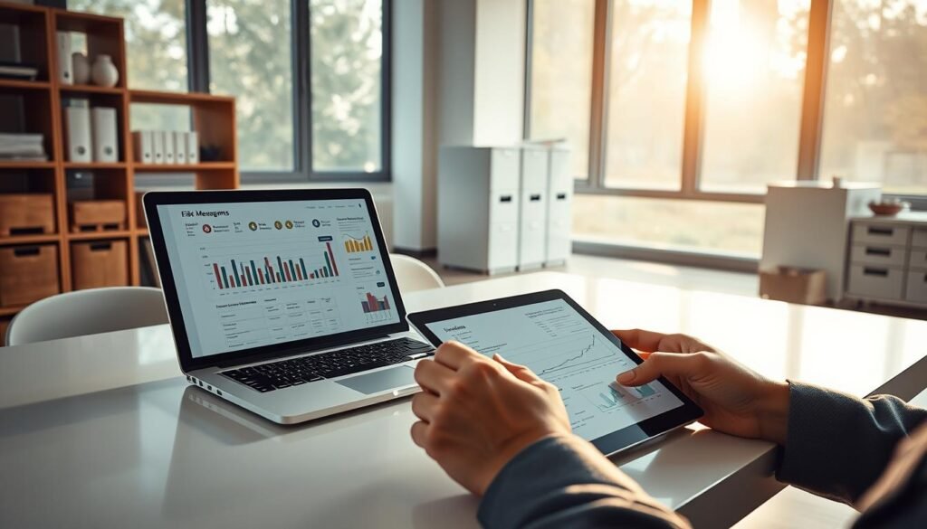 A serene office setting, flooded with warm natural light filtering through large windows. On a sleek, minimalist desk, a laptop and tablet display intricate financial reports and compliance documents, conveying the meticulous process of "Informic Electronics" supplier risk management. In the foreground, a professional's hands carefully review paperwork, while the background showcases neatly organized shelves and filing cabinets, symbolizing the systematic approach to evaluating supplier risk and compliance measures. The scene exudes a sense of diligence, attention to detail, and a commitment to thorough vetting, befitting the "Evaluating Supplier Risk and Compliance Measures" section of the article.