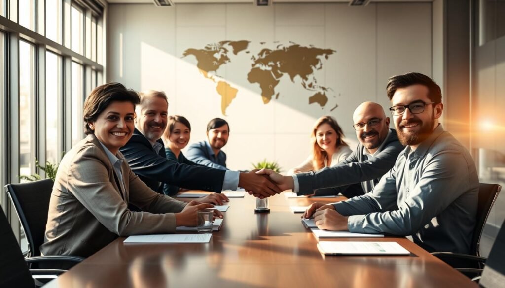 A serene office setting, sunlight streaming through large windows, casting a warm glow on a conference table surrounded by representatives from Informic Electronics and their trusted suppliers. Hands are clasped in a gesture of partnership, faces bearing expressions of mutual respect and determination. In the background, a world map adorns the wall, symbolizing the global reach of these resilient relationships. The room's atmosphere exudes an air of collaborative problem-solving, underscoring the shared commitment to overcoming supply chain challenges. A sense of unity and adaptability permeates the scene, reflecting the strength and flexibility of these supplier connections.
