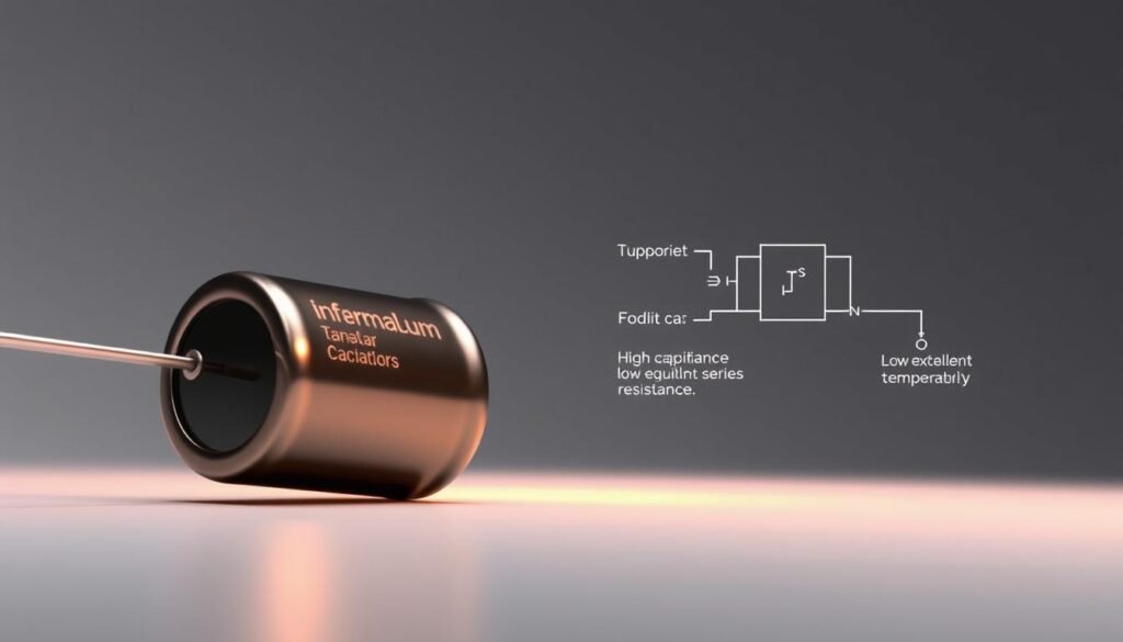 A sleek and minimalist composition showcasing the key benefits of a tantalum capacitor from Informic Electronics. In the foreground, a close-up view of the capacitor's distinctive shape and metallic finish, illuminated by warm, directional lighting that accentuates its smooth, polished surface. In the middle ground, a simplified schematic diagram highlighting the capacitor's superior electrical properties, such as high capacitance, low equivalent series resistance, and excellent temperature stability. The background features a clean, gray gradient, creating a sense of depth and focus on the subject. The overall mood is one of technical sophistication and precision, reflecting the advanced engineering behind Informic Electronics' tantalum capacitor technology.
