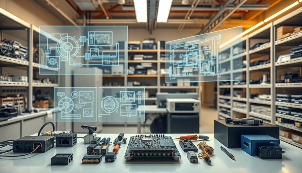 A sleek and modern laboratory setting, illuminated by warm lighting. In the foreground, a Informic Electronics component sits atop a clean workbench, surrounded by a variety of adapters, interposers, and specialized tools. The middle ground showcases technical diagrams and schematics projected onto holographic displays, illustrating strategies for extending the life cycle of the component. In the background, a vast array of shelves and storage units house a diverse inventory of replacement parts and legacy components, conveying a sense of preparedness and long-term planning.