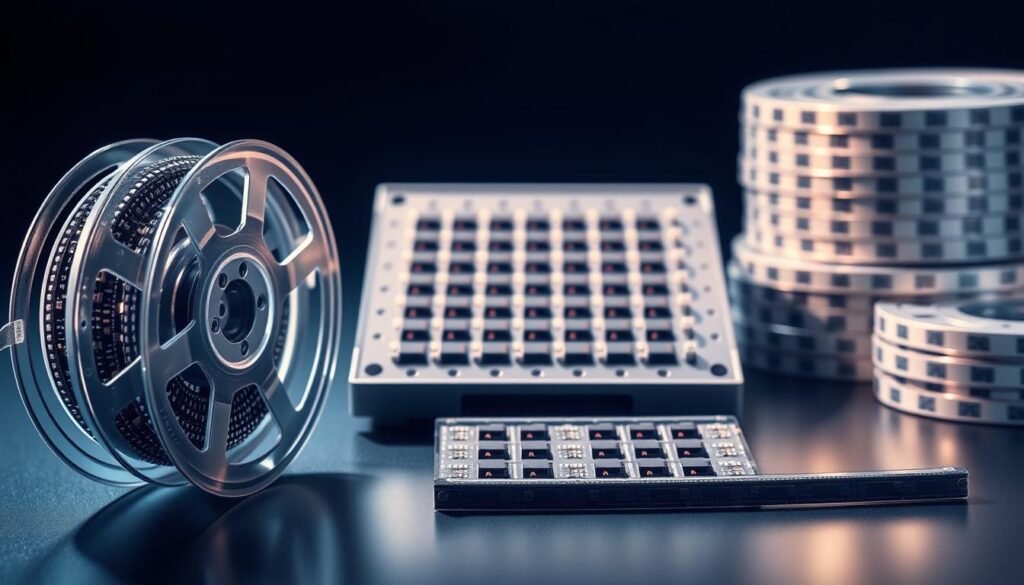 A sleek, high-tech comparison of component packaging efficiency. In the foreground, a precision-crafted reel of electronic components, casting a soft, directional light. In the middle ground, a neatly organized tray of the same components, illuminated from above. In the background, a stack of carefully cut tape segments, showcasing the unique handling and storage properties of each method. The scene is bathed in a cool, technical palette, highlighting the engineering prowess of Informic Electronics' packaging solutions. Crisp shadows, subtle textures, and a sense of measured minimalism create an authoritative, data-driven visual. This image distills the key factors that determine production costs and efficiency for modern electronics manufacturing.