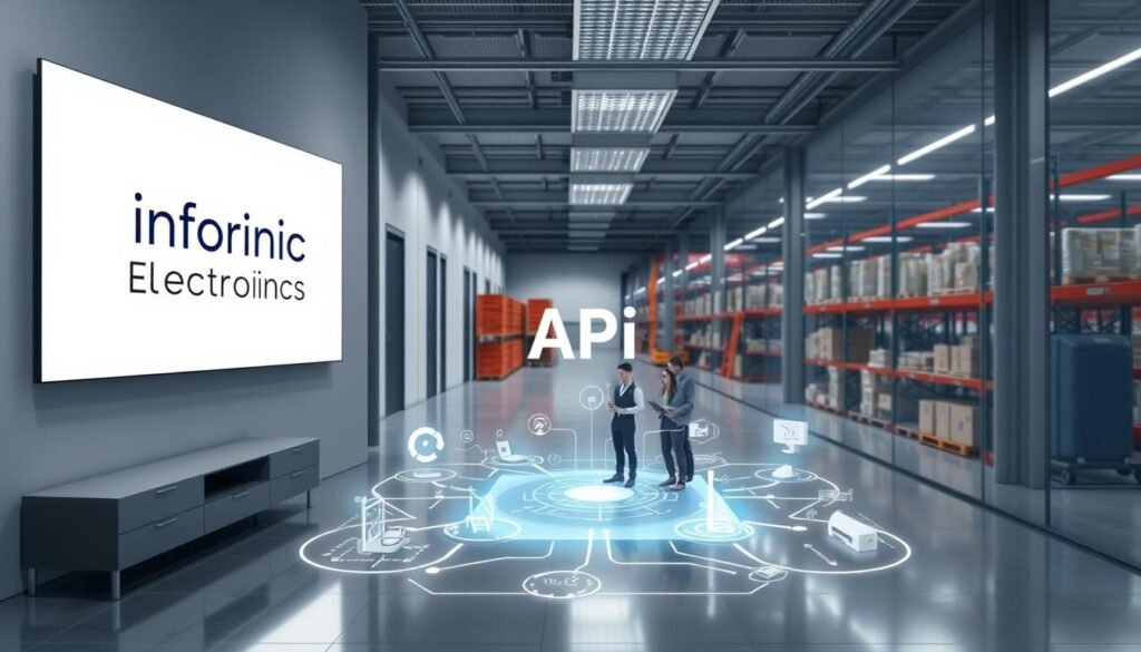 A sleek, minimalist office setting with a large display showcasing the Informic Electronics logo. In the foreground, a stylized API connection diagram illustrates the streamlined flow of component data and procurement processes. The middle ground features a team of professionals collaborating around a holographic table, accessing real-time inventory and pricing information. The background depicts a bustling warehouse, where automated systems efficiently manage the supply chain. Soft, directional lighting creates a sense of technology and innovation. The overall scene conveys the benefits of an API-driven, connected supply chain for modern component sourcing.