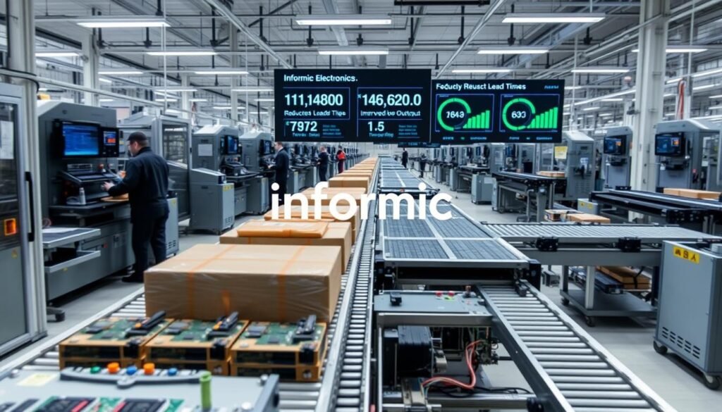 A sleek, modern factory floor with rows of efficient, automated machinery. In the foreground, a shipment of electronic components is being rapidly processed, conveyor belts efficiently moving products through the assembly line. The middle ground showcases various stages of production, with workers monitoring digital dashboards and quality control checks being performed. In the background, a large display board illuminates key performance metrics, highlighting the reduced lead times and improved output. Bright, diffused lighting casts a sense of productivity and innovation. The Informic Electronics logo is prominently displayed, conveying the brand's commitment to streamlined operations.