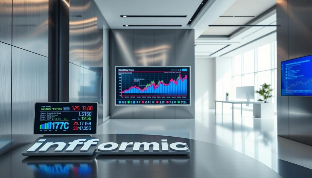 A sleek, modern interior with brushed metal surfaces and bold geometric shapes. In the foreground, a display showcases the "Informic Electronics" brand, with digital readouts and charts illustrating component price volatility factors - fluctuating lines, bars, and charts in a vibrant color palette. The middle ground features a large transparent screen displaying real-time data and analysis, casting a soft glow throughout the scene. In the background, a minimalist workspace with clean lines and a large window, allowing natural light to filter in and create a sense of depth and perspective. The overall mood is one of technological sophistication, data-driven insights, and a keen understanding of the complex factors that drive component price fluctuations.