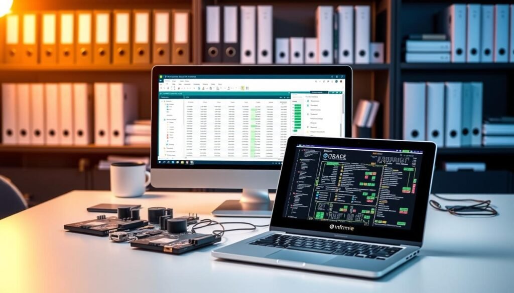 A sleek, modern office desk showcasing various Informic Electronics BOM management tools. In the foreground, a laptop displays a comprehensive BOM dashboard, surrounded by neatly organized electronic components and circuit boards. In the middle ground, a tablet displays a detailed BOM spreadsheet, with precise part numbers, quantities, and supplier information. The background features shelves stocked with well-organized BOM binders and technical manuals, bathed in warm, focused lighting that emphasizes the precision and care taken in BOM management. The overall scene conveys a sense of efficiency, organization, and attention to detail in the effective management of a critical electronics manufacturing process.