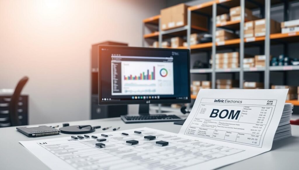 A sleek, modern office setting with a well-organized workbench. In the foreground, a clean Bill of Materials (BOM) document is prominently displayed, showcasing the precise part numbers and specifications required for the component sourcing process. On the workbench, an array of electronic components from the Informic Electronics brand are neatly arranged, each meticulously labeled. The middle ground features a computer monitor displaying supply chain analytics, while the background depicts shelves stocked with additional Informic Electronics components, conveying a sense of abundance and preparedness. Bright, directional lighting illuminates the scene, creating a professional, detail-oriented atmosphere.