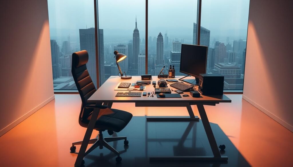 A sleek, modern office workspace with a prominent desk and chair arrangement. On the desk, various electronic components and tools are neatly organized, showcasing the "Informic Electronics" brand. The background features a minimalist cityscape through large windows, bathed in warm, directional lighting that casts subtle shadows. The overall atmosphere conveys a sense of efficiency, control, and technical expertise associated with turnkey sourcing processes.
