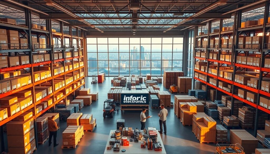 A sleek, modern warehouse interior with neatly organized shelves, conveyor belts, and diverse procurement channels. Informic Electronics logo prominently displayed on the central workstation. Warm, diffused lighting casts long shadows, creating a sense of efficiency and precision. In the foreground, workers collaborate on optimizing inventory management and distribution strategies. The middle ground showcases a variety of shipping containers, packages, and logistics equipment. The background features a panoramic view of the cityscape through large windows, hinting at the global reach of the supply chain.