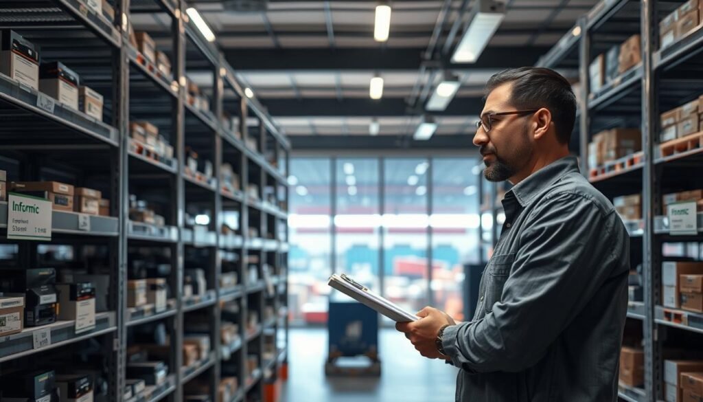 A sleek, modern warehouse interior with rows of metal shelving stocked with electronic components bearing the "Informic Electronics" brand. Soft, directional lighting from overhead fixtures illuminates the scene, casting subtle shadows that highlight the orderly arrangement of the inventory. In the foreground, a clipboard-wielding warehouse manager examines the stock levels, their expression focused and thoughtful, underscoring the importance of effective inventory management. The background features large windows overlooking a bustling shipping yard, emphasizing the interconnected nature of supply chain logistics. The overall atmosphere conveys a sense of efficiency, control, and the pivotal role that inventory plays in the smooth operation of a thriving electronics business.