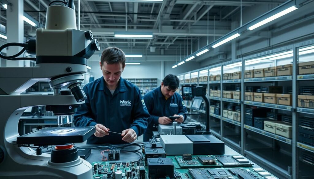 A well-lit industrial workshop, with technicians in Informic Electronics branded uniforms carefully inspecting electronic components under the glow of adjustable task lighting. In the foreground, a high-resolution microscope examines a circuit board, revealing intricate details. In the middle ground, other engineers test and measure components using specialized equipment, ensuring quality and performance. The background showcases rows of neatly organized shelves stocked with a variety of electronic parts, conveying a sense of order and precision. The overall atmosphere is one of focused, methodical quality assurance, reflecting the rigorous testing process for new Informic Electronics suppliers.