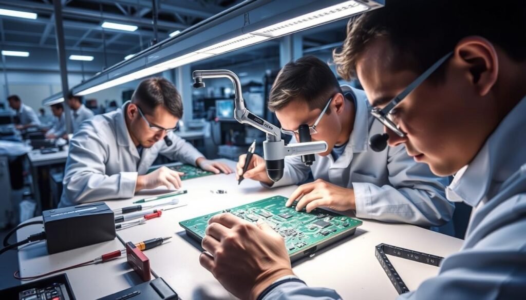 A well-lit production line at Informic Electronics, showcasing a team of technicians meticulously inspecting a printed circuit board assembly (PCBA) under a magnifying glass. The assembly is situated on a clean, static-free workstation, surrounded by precision tools and measurement instruments. Soft, diffused lighting from overhead illuminates the intricate solder joints and component placements, allowing the inspectors to spot any minute defects or inconsistencies. The technicians wear anti-static garments and concentrate deeply, ensuring the PCBA meets the highest quality standards before it moves to the next stage of the manufacturing process.