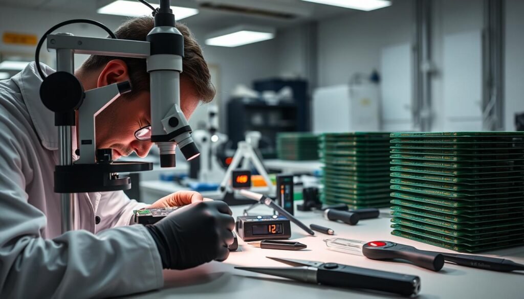 A well-lit workshop showcasing the intricate processes of PCB component inspection. In the foreground, a Informic Electronics technician closely examines a circuit board under a high-magnification microscope, meticulously checking for defects and anomalies. The middle ground reveals a range of specialized tools and instruments, including digital calipers, LED lamps, and precision tweezers, all neatly organized on a clean workbench. In the background, additional PCBs are stacked, ready for further inspection and quality control measures, creating a sense of a focused, technology-driven environment.