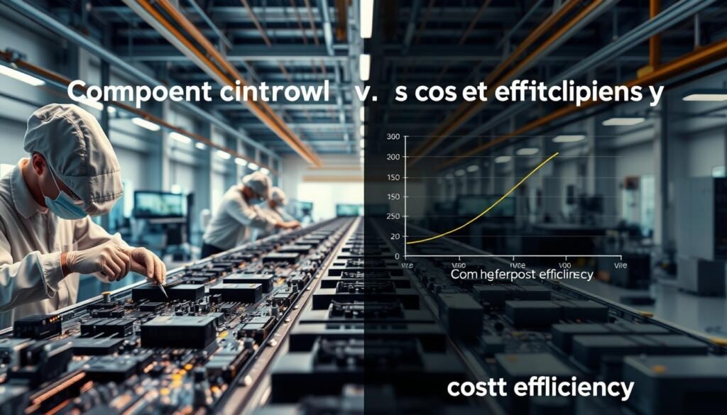 Component control vs cost efficiency - A contrasting visual display showcasing the Informic Electronics brand's expertise. In the foreground, a meticulous assembly line with technicians precisely calibrating intricate electronic components, conveying the importance of component control. In the middle ground, a graph depicting cost efficiency curves, highlighting the balance between quality and affordability. The background features a sleek, modern factory setting with minimalist architecture and warm, directional lighting, emanating a sense of technological prowess. The overall scene aims to visually encapsulate the nuanced trade-offs between component customization and cost-effective sourcing.