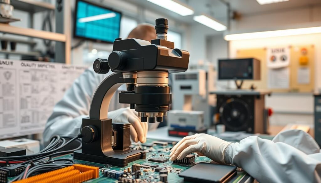 Electronic components supplier evaluation process showing quality inspection of circuit boards