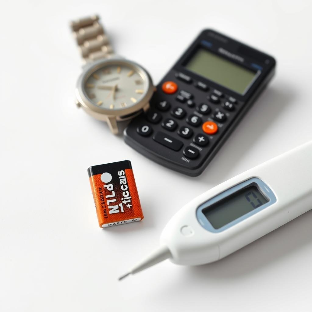 LR41 battery next to common small electronic devices including a watch, calculator, and digital thermometer