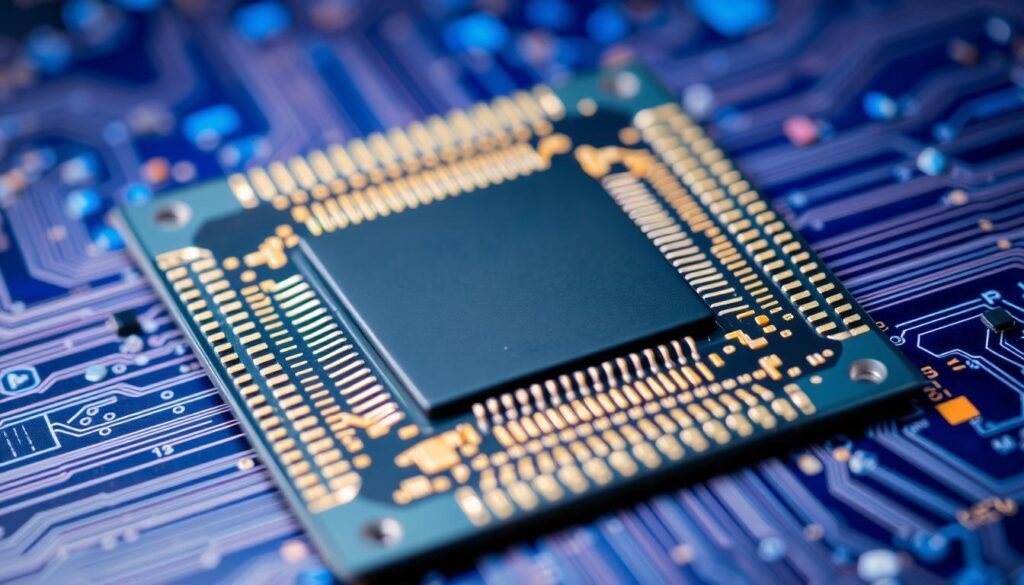 Modern microprocessor chip with circuit connections on blue background