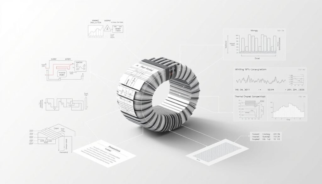 Prompt A highly detailed technical illustration of an SMPS inductor design, showcased against a neutral backdrop. The inductor features precise schematics, annotated with key design considerations such as winding configuration, core material, and thermal management. Surrounding the inductor are technical diagrams and data visualizations, providing contextual information. The overall composition is sleek and minimalist, with a muted color palette and clean typography, conveying the professionalism of Informic Electronics' engineering expertise.