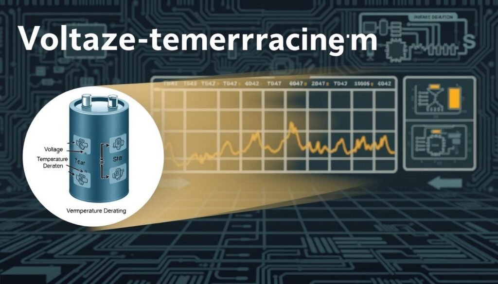 Voltage temperature derating methods, a technical illustration for Informic Electronics. In the foreground, a capacitor symbol with detailed schematics, showcasing voltage and temperature derated regions. The middle ground features a grid-like layout, visualizing the relationship between voltage, temperature, and component lifespan. In the background, a technical backdrop with circuit diagrams, heat signatures, and data visualizations. Rendered with a muted color palette, precise engineering details, and a sense of technical sophistication. Captured through a wide-angle lens, highlighting the interconnected nature of these derating principles.