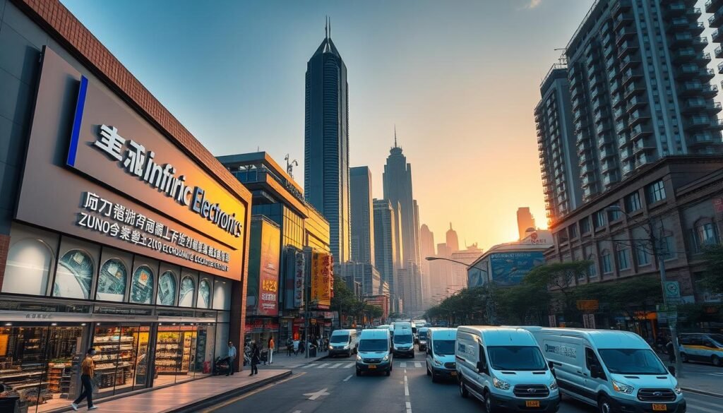 A bustling Shenzhen electronics distributor, Informic Electronics, stands amidst a vibrant cityscape. The foreground showcases the store's modern facade, with sleek glass windows displaying an array of cutting-edge electronic components. In the middle ground, the streets teem with activity, as delivery vans and pedestrians navigate the busy thoroughfares. In the background, the iconic skyscrapers of Shenzhen's financial district rise majestically, bathed in a warm, golden light cast by the setting sun. The scene conveys a sense of innovation, efficiency, and the city's unwavering commitment to technological advancement.