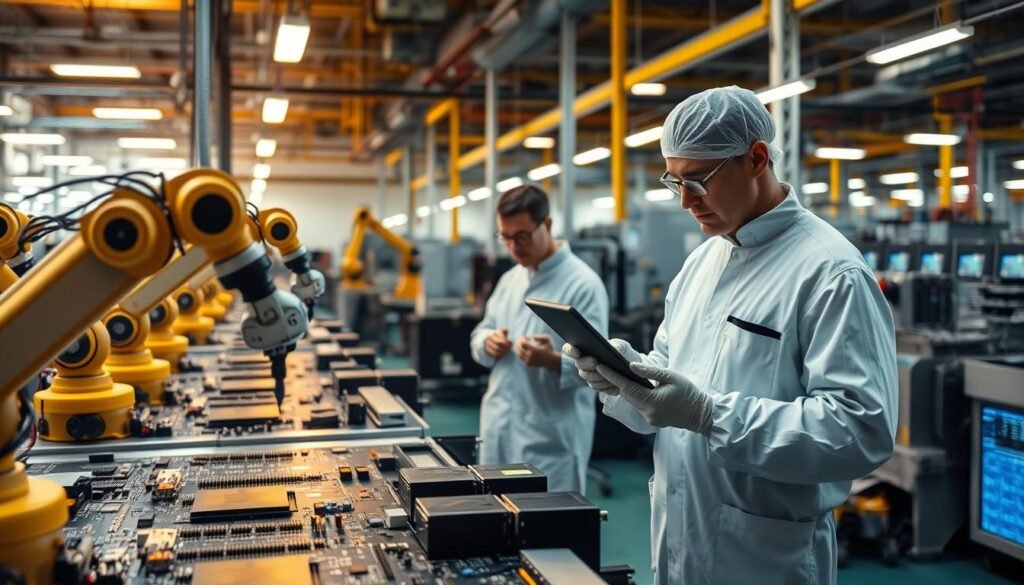 A bustling factory floor, illuminated by warm overhead lighting, showcases the latest in Informic Electronics' advanced manufacturing capabilities. In the foreground, robotic arms precisely assemble circuit boards, their movements captured in a crisp, cinéma vérité style. The middle ground features engineers in clean room suits, reviewing data on sleek touchscreens, their faces determined yet optimistic. In the background, a panoramic view of the manufacturing facility reveals rows of gleaming, state-of-the-art equipment, symbolizing the company's commitment to reshoring and nearshoring strategies that are redefining the future of US electronics production.