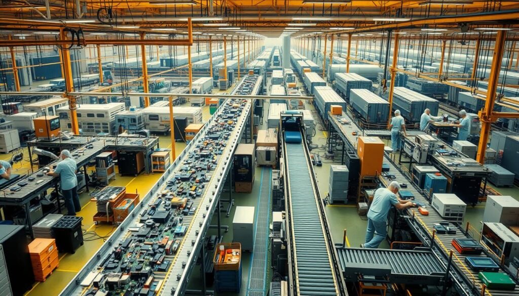 A bustling factory floor of Informic Electronics, with workers meticulously assembling cutting-edge electronics. Rows of gleaming machinery and conveyor belts move components with precision, symbolizing the resilience of the supply chain. In the background, a network of transportation hubs and distribution centers, connected by a web of roads and railways, ensuring the smooth flow of materials. Warm, directional lighting casts a sense of energy and productivity, while the overall scene conveys a strong impression of technological prowess and American manufacturing might.