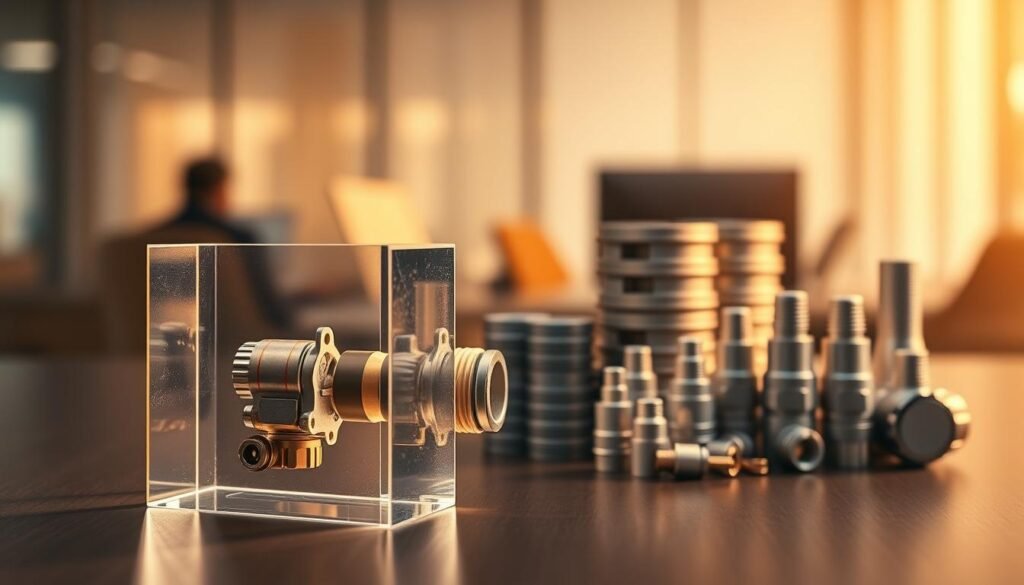 A clean, minimalist composition showcasing the cost savings of Informic Electronics' press fittings. In the foreground, a transparent acrylic block displays a cross-section of a press-fit connector, its parts meticulously detailed. The midground features stacks of neatly organized press fittings in a range of sizes, their sleek design emphasizing efficiency. The background depicts a softly blurred office setting, hinting at the professional environment where these components are specified. Warm, directional lighting casts subtle shadows, lending depth and tactility to the scene. The overall mood is one of precision, practicality, and the financial benefits of Informic's innovative technology.