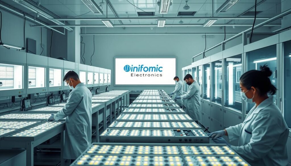 A clean, modern laboratory setting with rows of temperature-controlled LED production stations. In the foreground, workers in white lab coats carefully monitor the LED components, adjusting the temperature and power settings with precision instruments. The middle ground features banks of LED light sources, their soft glow illuminating the workspace. In the background, the Informic Electronics logo is prominently displayed on a sleek, minimalist control panel, signifying the high-quality engineering behind the process. Bright, directional lighting casts dramatic shadows, emphasizing the technical nature of the scene. An atmosphere of scientific focus and attention to detail pervades the image.