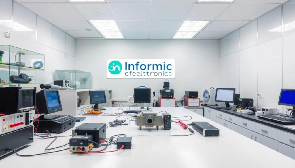 A clean-room laboratory setting with a central workbench showcasing a precision MEMS switch undergoing rigorous reliability testing. Bright overhead lighting casts a professional, scientific atmosphere. On the workbench, various electronic instruments and measuring devices surround the MEMS switch, meticulously monitoring its performance. In the background, the Informic Electronics logo is prominently displayed, highlighting the advanced capabilities of their MEMS technology. The scene conveys the importance of thorough testing to ensure the reliability of MEMS switches compared to traditional mechanical counterparts.