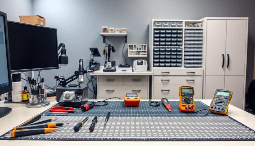 A clean, well-lit Informic Electronics workstation, featuring an array of ESD-safe tools and equipment. In the foreground, a high-quality anti-static mat covers the desk, with various precision screwdrivers, tweezers, and a digital multimeter neatly arranged. The middle ground showcases an ESD-safe soldering station with a grounded iron, fume extractor, and a parts organizer. In the background, a large ESD-safe storage cabinet houses neatly labeled containers for integrated circuits and other sensitive components. Soft, diffused lighting illuminates the scene, creating a professional, controlled atmosphere conducive to handling static-sensitive electronics.