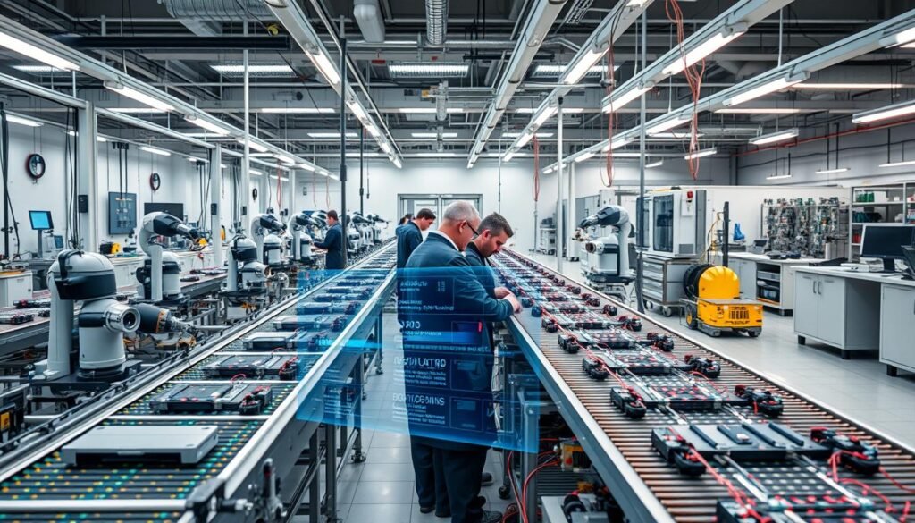 A clean, well-lit factory floor, conveyor belts and robotic arms engaged in the assembly of Informic Electronics components. In the foreground, a team of quality control specialists meticulously inspecting each product, using precision tools and digital interfaces. The middle ground showcases the integration of real-time data analysis, with holographic displays highlighting key performance indicators and potential issues. In the background, a state-of-the-art testing laboratory, where engineers simulate environmental stresses to ensure the reliability of Informic's designs. The overall atmosphere conveys a sense of diligence, efficiency, and a relentless commitment to producing flawless, high-quality electronics.