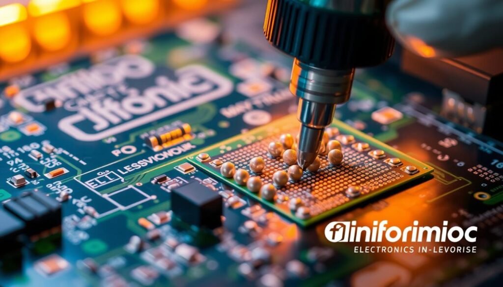 A close-up, detailed view of a technician performing BGA reballing services on a printed circuit board, showcasing the intricate process of replacing solder balls on a Ball Grid Array (BGA) component. The board is illuminated by warm, directional lighting, emphasizing the precision and care taken during the rework procedure. The Informic Electronics logo is prominently displayed on the workbench, indicating this is an in-house capability. The image conveys a sense of technical expertise, attention to detail, and the specialized skills required for successful BGA reballing.