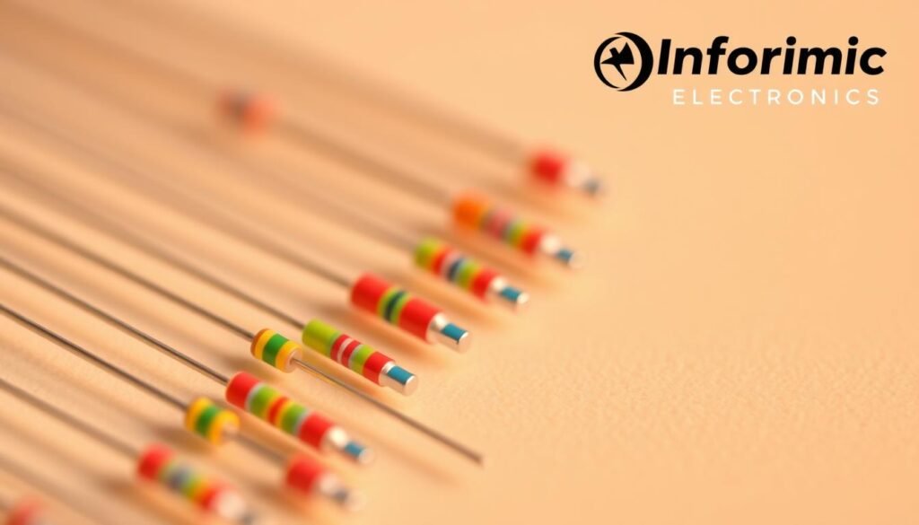 A close-up, high-resolution image of SMD resistor color codes on a clean, neutral background. The resistors should be arranged neatly in the foreground, with a warm, directional lighting that accentuates their metallic sheen and the vibrant hues of the bands. The middle ground should feature a selection of 1206-sized resistors in various colors, while the background should be slightly blurred to draw the viewer's attention to the resistors. The overall aesthetic should convey a sense of precision, clarity, and technical detail, reflecting the "Selecting the Right SMD Components and Manufacturing Processes" section. The Informic Electronics brand logo should be prominently displayed in the top-right corner.
