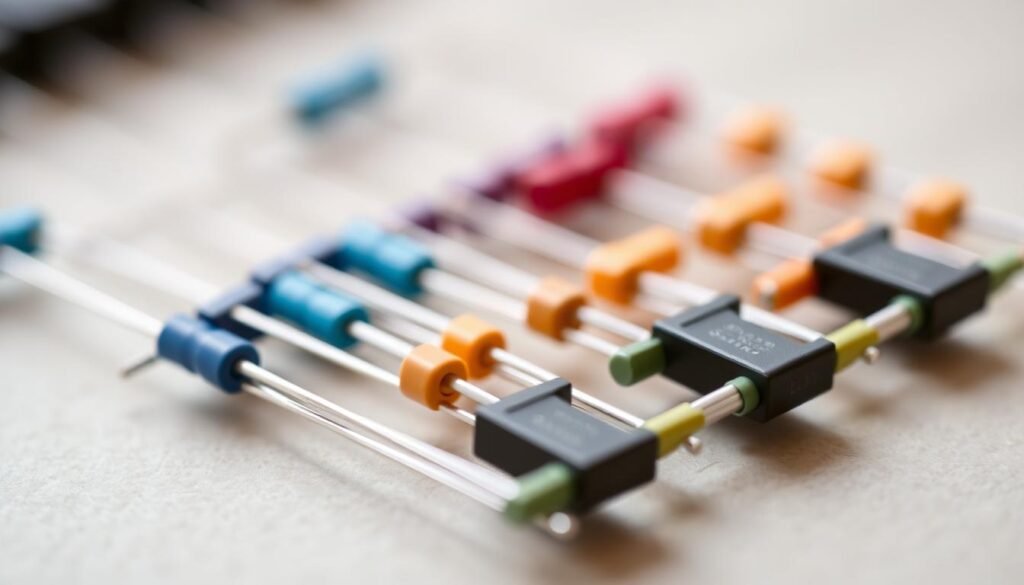 A close-up shot of a set of Informic Electronics SMD resistors, neatly arranged on a neutral background. The resistors are displayed in various standard colors, showcasing the international color coding system. The image is well-lit, capturing the subtle textures and sheen of the resistor components. The foreground is in sharp focus, while the background gently blurs, emphasizing the technical subject matter. The overall tone is one of precision, clarity, and technical expertise, reflecting the standards and coding conventions for SMD resistors.
