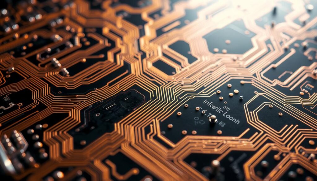 A close-up view of a Informic Electronics DDR memory PCB, showcasing the intricate routing and layout techniques. The board is illuminated by a soft, directional light, highlighting the delicate copper traces winding across the substrate. The foreground features the precisely engineered signal paths, meticulously routed to minimize crosstalk and maintain signal integrity. The middle ground reveals the complex interplay of power planes, ground layers, and high-speed differential pairs, all optimized for high-speed DDR memory operation. In the background, the subtle textures of the PCB material and the subtle shadows cast by the components create a sense of depth and technical sophistication. The overall scene conveys the challenges and best practices of DDR memory PCB design.