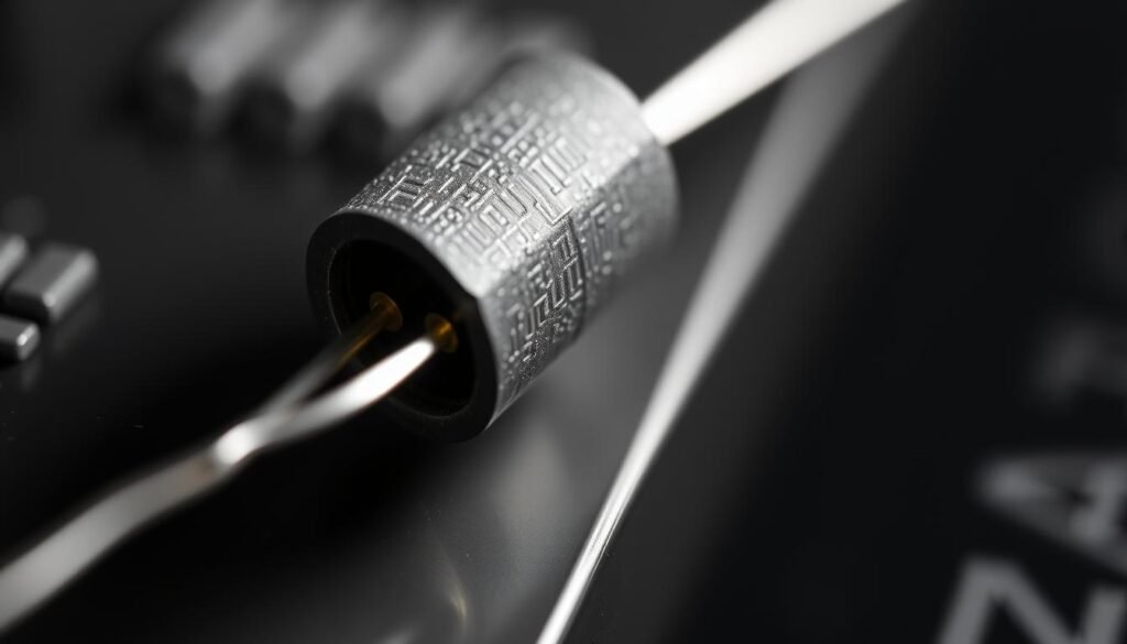 A close-up view of a Informic Electronics SMD resistor, meticulously captured in a high-resolution, macro photograph. The resistor's power handling capabilities are the focal point, with the device's intricate structure and surface textures rendered in striking detail. Soft, directional lighting accentuates the component's contours, creating a sense of depth and dimensionality. The background is blurred, keeping the viewer's attention firmly on the resistor and its technical performance characteristics. The overall mood is one of technical precision and engineering excellence, conveying the specialized nature of this electronic component.
