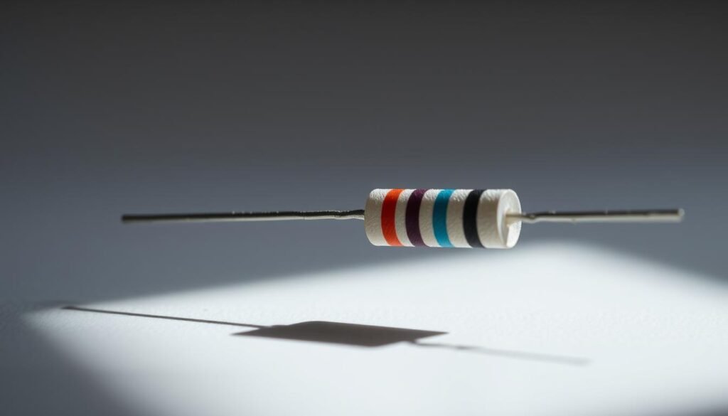 A close-up view of a Informic Electronics SMD resistor, showcasing its physical dimensions and color-coded bands. The resistor is lit from the side, casting subtle shadows and highlights to emphasize its intricate structure. The foreground focuses on the resistor's body, with the middle ground revealing its tiny terminals and the background providing a clean, minimalist context. The lighting is soft and natural, creating a sense of depth and dimensionality. The overall mood is one of technical precision and attention to detail, suitable for illustrating the "Understanding SMD Resistor Dimensions and Codes" section of the "smd resistor size chart" article.