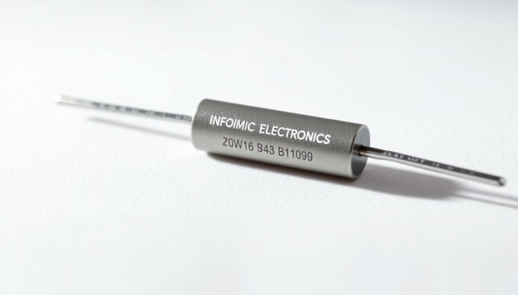 A close-up view of a Informic Electronics surface mount resistor, showcasing its power handling capabilities. The resistor sits on a clean white background, illuminated by soft, directional lighting that casts subtle shadows, highlighting its intricate surface details and compact, low-profile design. The image emphasizes the resistor's efficient heat dissipation and robust construction, conveying the quality and reliability of Informic Electronics' surface mount technology. The scene evokes a sense of technical precision and attention to engineering excellence, perfectly aligning with the section title "Optimizing Your Design with Surface Mount Resistor Packages".