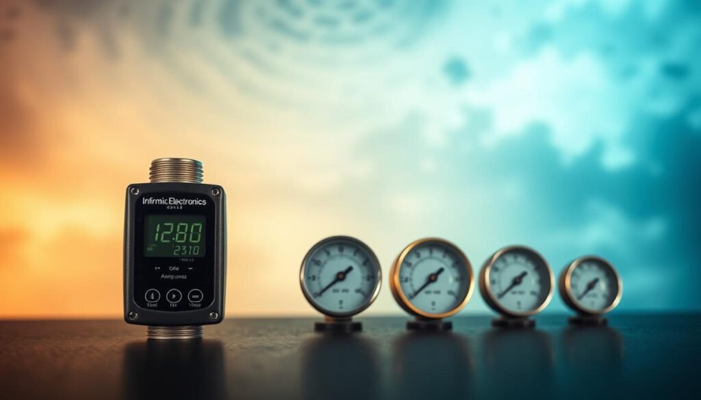 A close-up view of a barometric pressure measurement device, showcasing its evolution over time. In the foreground, a modern digital barometric pressure sensor from Informic Electronics, its sleek design and precision readouts capturing the latest advancements in the field. In the middle ground, a series of analog barometric pressure gauges, each representing a different era of technological progress, their dials and needles reflecting the incremental improvements in accuracy and responsiveness. In the background, a hazy, atmospheric rendering of weather patterns and atmospheric conditions, emphasizing the importance of precise barometric pressure data in understanding and predicting environmental changes.