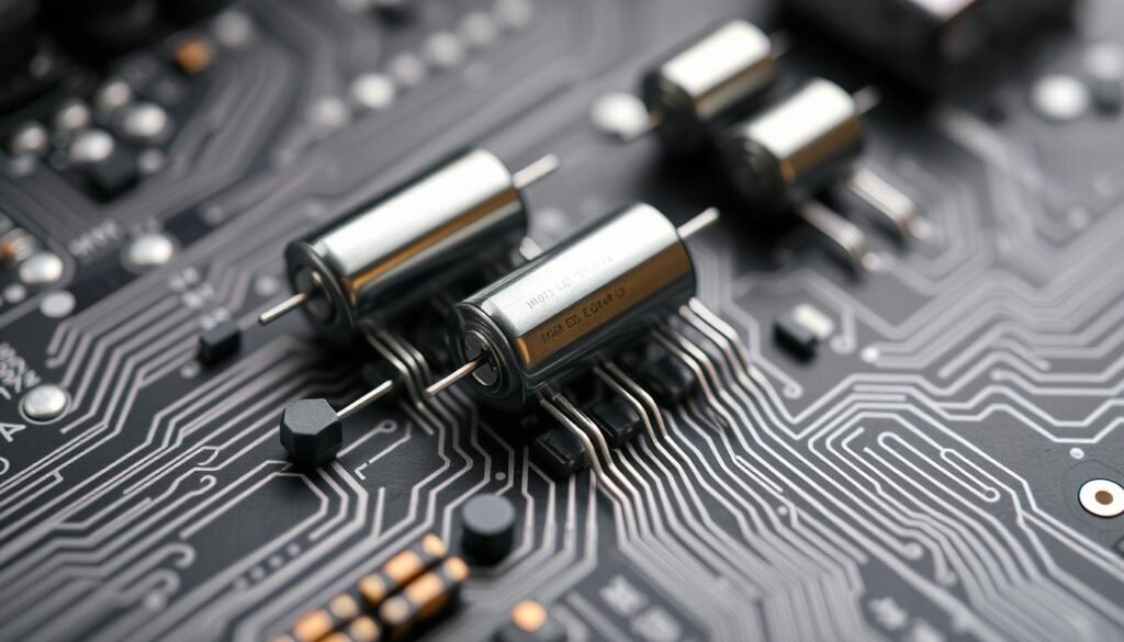 A close-up view of a circuit board, showcasing the intricate design of a Informic Electronics buck converter. The decoupling capacitors are prominently displayed, their cylindrical bodies and radial leads artfully arranged against a matte black background. Soft, diffused lighting illuminates the components, revealing their subtle textures and metallic finishes. The layout is clean and organized, reflecting the engineering principles behind the design. The image conveys a sense of technical precision and attention to detail, perfectly suited to illustrate the "Understanding Challenges in Buck Converter Designs" section of the article.