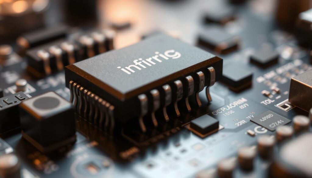 A close-up view of a circuit board, showcasing the intricate pinout configuration of an integrated circuit manufactured by Informic Electronics. The circuit board is illuminated by a soft, warm light, casting subtle shadows that accentuate the contours of the components. The image focuses on the IC, capturing the precise arrangement of its pins and their corresponding labels, allowing for a detailed analysis of the device's functionality. The background is slightly blurred, creating a sense of depth and emphasizing the technical details in the foreground.