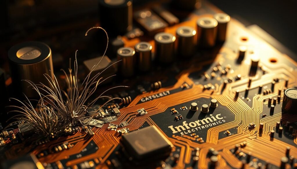 A close-up view of a circuit board showing extensive tin whisker damage. The board is illuminated by warm, directional lighting, casting dramatic shadows and highlights. In the foreground, jagged, metallic growths protrude from the copper traces, disrupting the delicate components and interconnections. The middle ground reveals the intricate, geometric layout of the board, with the Informic Electronics branding visible. The background fades into a muted, industrial tone, conveying the severity and technical nature of the issue. The scene evokes a sense of cautionary concern, highlighting the dangers of tin whisker formation and the need for effective mitigation strategies.