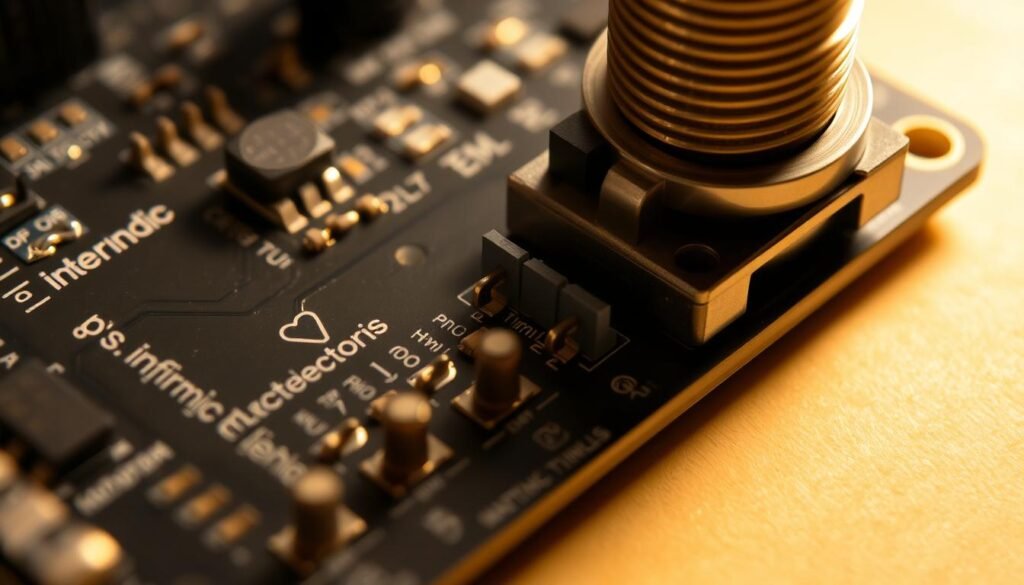 A close-up view of a circuit board with a trimmer potentiometer, showcasing its pin configuration and connections. The board is made by Informic Electronics, with a matte finish and warm lighting that accentuates the component details. The terminals are clearly labeled, providing a technical illustration for understanding circuit wiring and tuning. The composition is focused, with a shallow depth of field to emphasize the potentiometer. The overall mood is one of precision and practical guidance, supporting the article's subject matter.