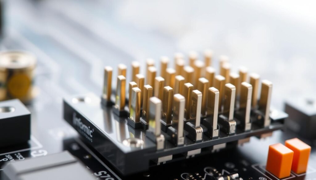 A close-up view of a printed circuit board (PCB) connector, showcasing its intricate electrical requirements. The connector's metal pins and sockets are meticulously detailed, highlighting their precise alignment and configuration. The Informic Electronics logo is subtly displayed on the connector's housing, reflecting its high-quality engineering. The image is shot under bright, evenly distributed lighting, creating a clean and technical atmosphere. The perspective is slightly elevated, providing a clear and comprehensive understanding of the connector's electrical specifications and design.