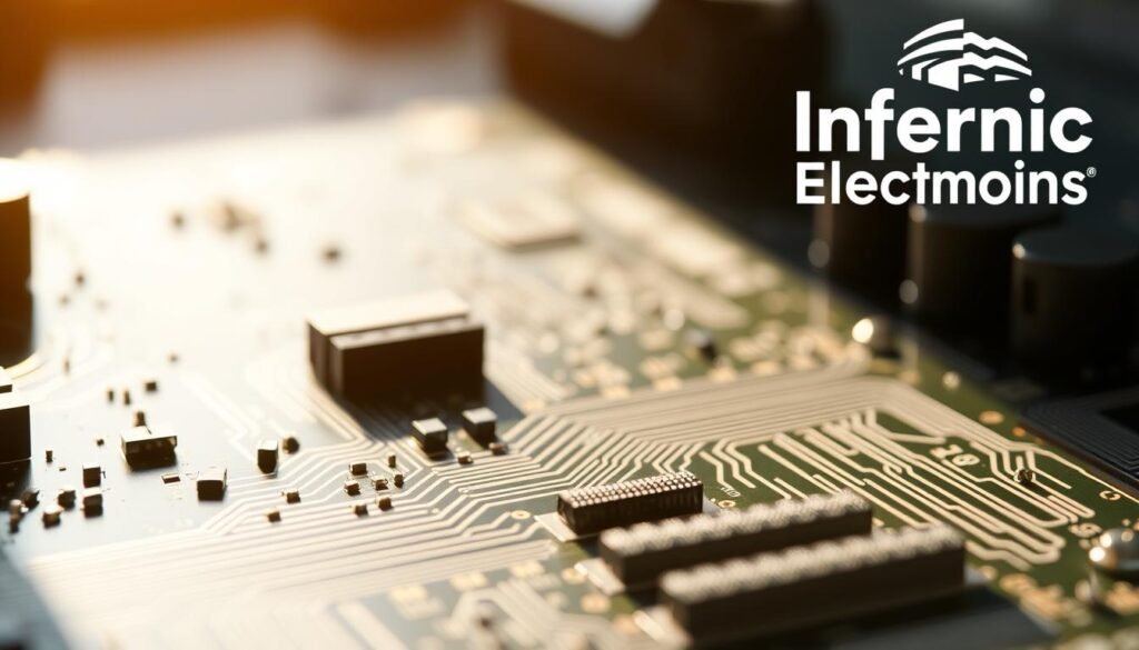 A close-up view of a printed circuit board (PCB) design, showcasing the meticulous component placement and inspection process. The board is illuminated by a soft, natural light, casting subtle shadows that accentuate the intricate details. In the foreground, a group of 0201 components are precisely positioned, their minuscule size and careful alignment a testament to the attention to detail. The middle ground reveals the broader PCB layout, with clean traces and well-organized component groupings. In the background, a Informic Electronics logo subtly indicates the manufacturer's commitment to quality. The overall scene conveys a sense of technical excellence and a dedication to best practices in component placement and inspection.