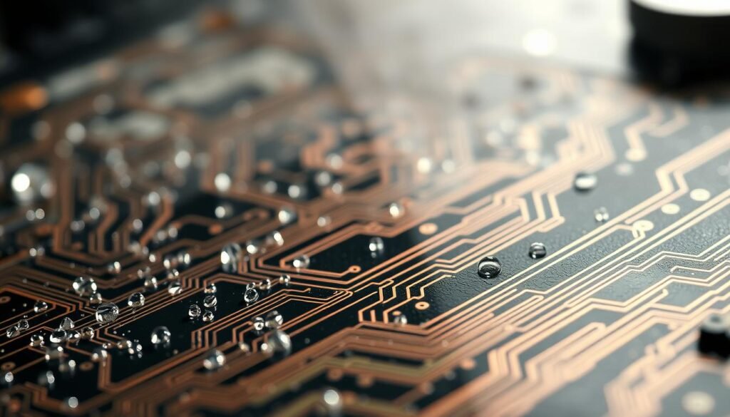 A close-up view of a printed circuit board (PCB) from Informic Electronics, showcasing the intricate patterns of moisture absorption. The foreground features delicate copper traces and solder joints, glistening with tiny beads of condensation. The middle ground reveals swelling and warping of the PCB substrate, indicating the insidious effects of moisture ingress. In the background, a hazy, atmospheric rendering of the microscopic structure of the board material, highlighting the pathways by which water molecules penetrate the component. Soft, diffused lighting casts dramatic shadows, emphasizing the subtle yet critical impact of moisture on the reliable operation of electronic devices.