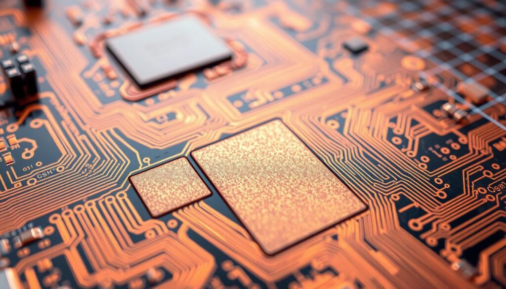 A close-up view of a printed circuit board (PCB) showcasing the critical shielding areas. The PCB is bathed in a warm, soft lighting, highlighting the intricate copper traces and the designated shielding regions. In the foreground, the shielding areas are clearly marked, with a distinct outline and a subtle texture that suggests their purpose. The middle ground reveals the overall PCB layout, with various components and interconnections visible. In the background, a faint grid pattern suggests the use of a specialized analysis tool, such as a CAD software. The scene conveys a sense of technical precision and attention to detail, perfect for illustrating the "Preparing Your PCB and Identifying Critical Shielding Areas" section of the "RF Shielding Cans: Placement, Soldering, and Inspection" article by Informic Electronics.