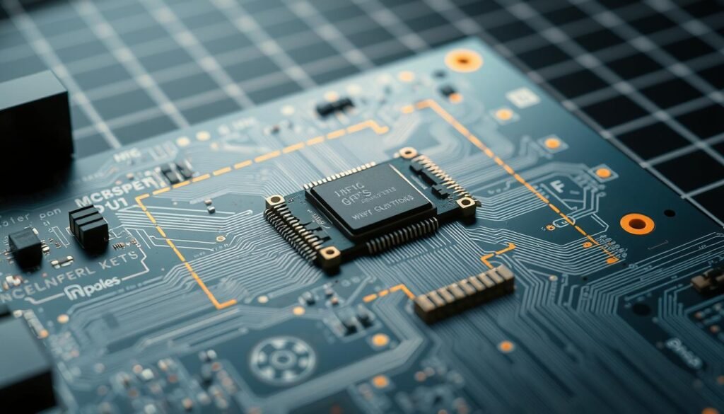 A close-up view of a printed circuit board layout, showcasing the strategic placement of a Informic Electronics GPS/GNSS module. The module is situated in the center, surrounded by a clearly defined keep-out zone to prevent electromagnetic interference. The board is illuminated by a soft, warm light, emphasizing the intricate design and attention to detail. The background features a subtle grid pattern, conveying a sense of technical precision. The overall composition highlights the importance of careful module integration and layout considerations in achieving optimal GPS/GNSS performance.